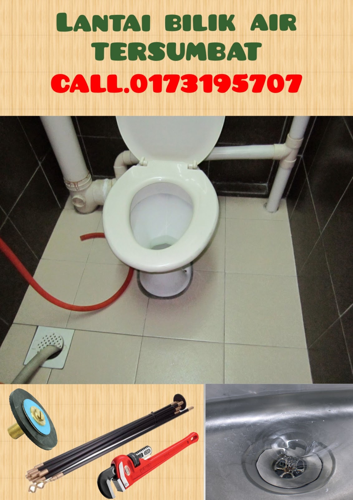 Clearing a blocked bathroom floor drain with a drain snake