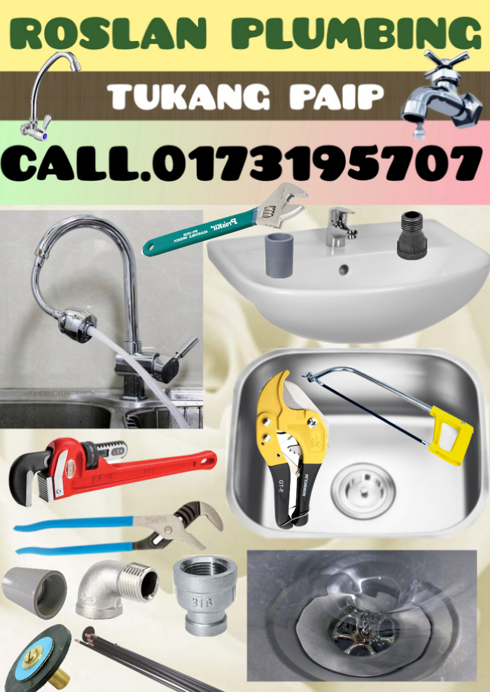 Roslan Plumbing tools, tap and sink fittings laid out on a job — brand collage